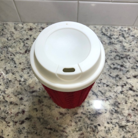 travel coffee / tea mug with red sweater cuddler / cozy / coozie - Picture 2 of 4